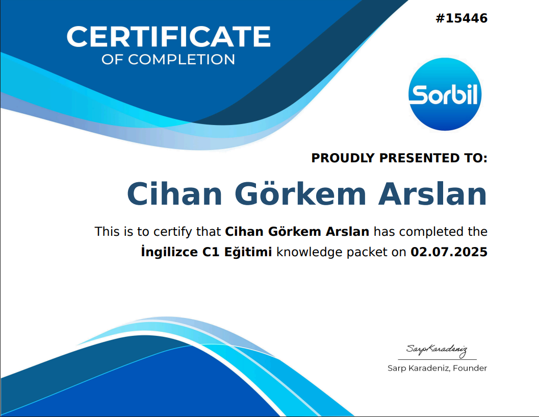 Sorbil İngilizce C1 Eğitimi sertifikası